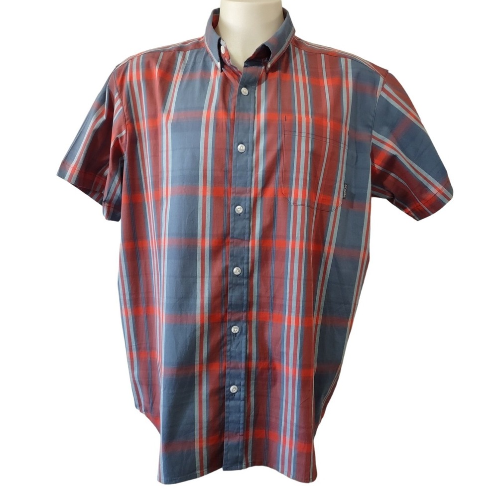 Columbia AM9132 Plaid Shirt Short‎ Sleeve Stretch Cotton Red Blue Gray Mens XL